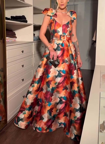 Vintage Inspired A-Line V-Neck Sleeveless Floor-Length Twill Satin Prom Dresses With Floral-Print