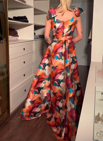 Vintage Inspired A-Line V-Neck Sleeveless Floor-Length Twill Satin Prom Dresses With Floral-Print