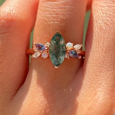 1CT Marquise Cut Moss Agate Engagement Rings In Sterling Silver