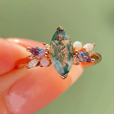 1CT Marquise Cut Moss Agate Engagement Rings In Sterling Silver