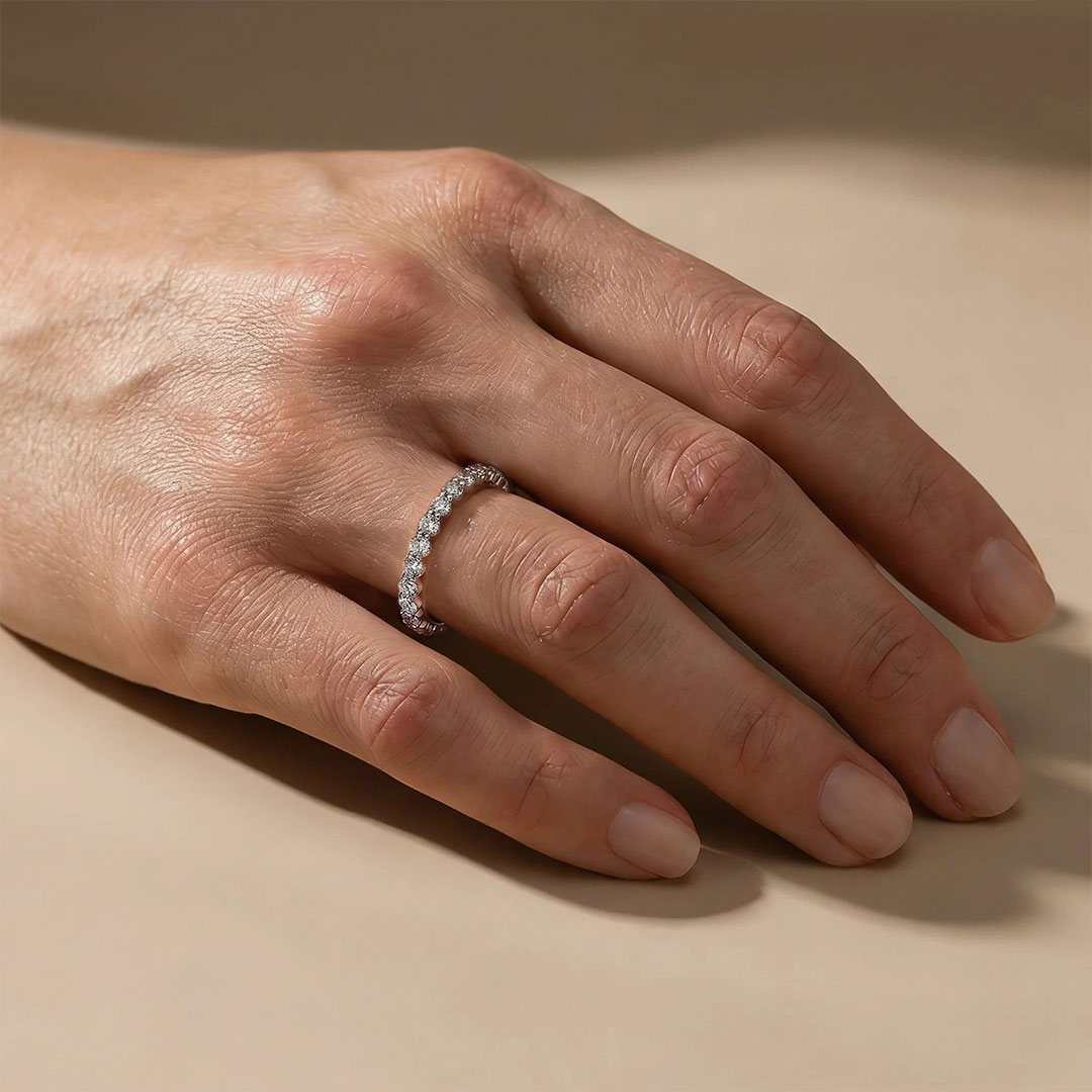 Round Cut Moissanite Wedding Bands In Sterling Silver