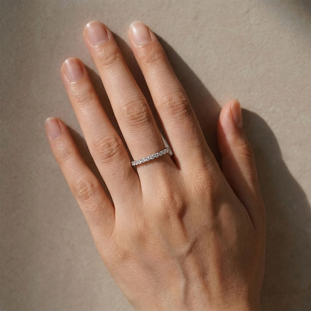 Round Cut Moissanite Wedding Bands In Sterling Silver