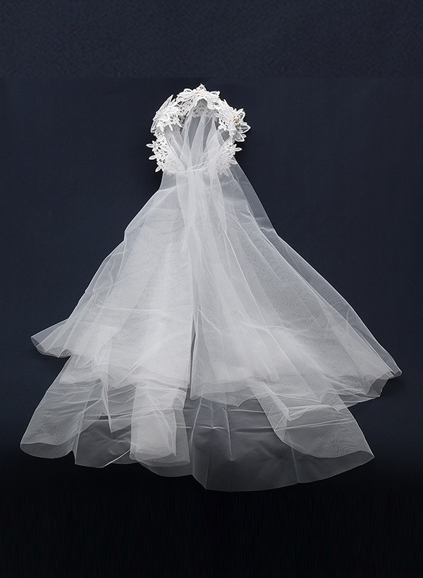 Cut Edge Lace/Floral/Pearl One-Tier Tulle/Lace Fingertip Bridal Veils