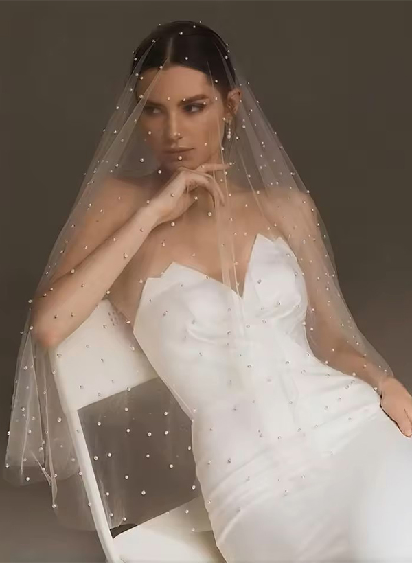 Cut Edge Beading One-Tier Tulle Elbow Bridal Veils