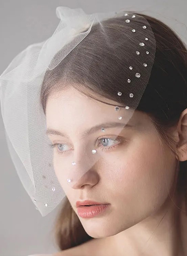 Cut Edge Rhinestones One-Tier Tulle Birdcage Veils