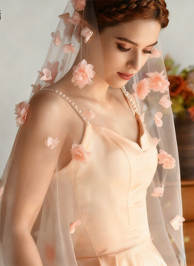 Cut Edge Floral/Pearl One-Tier Tulle Elbow Bridal Veils