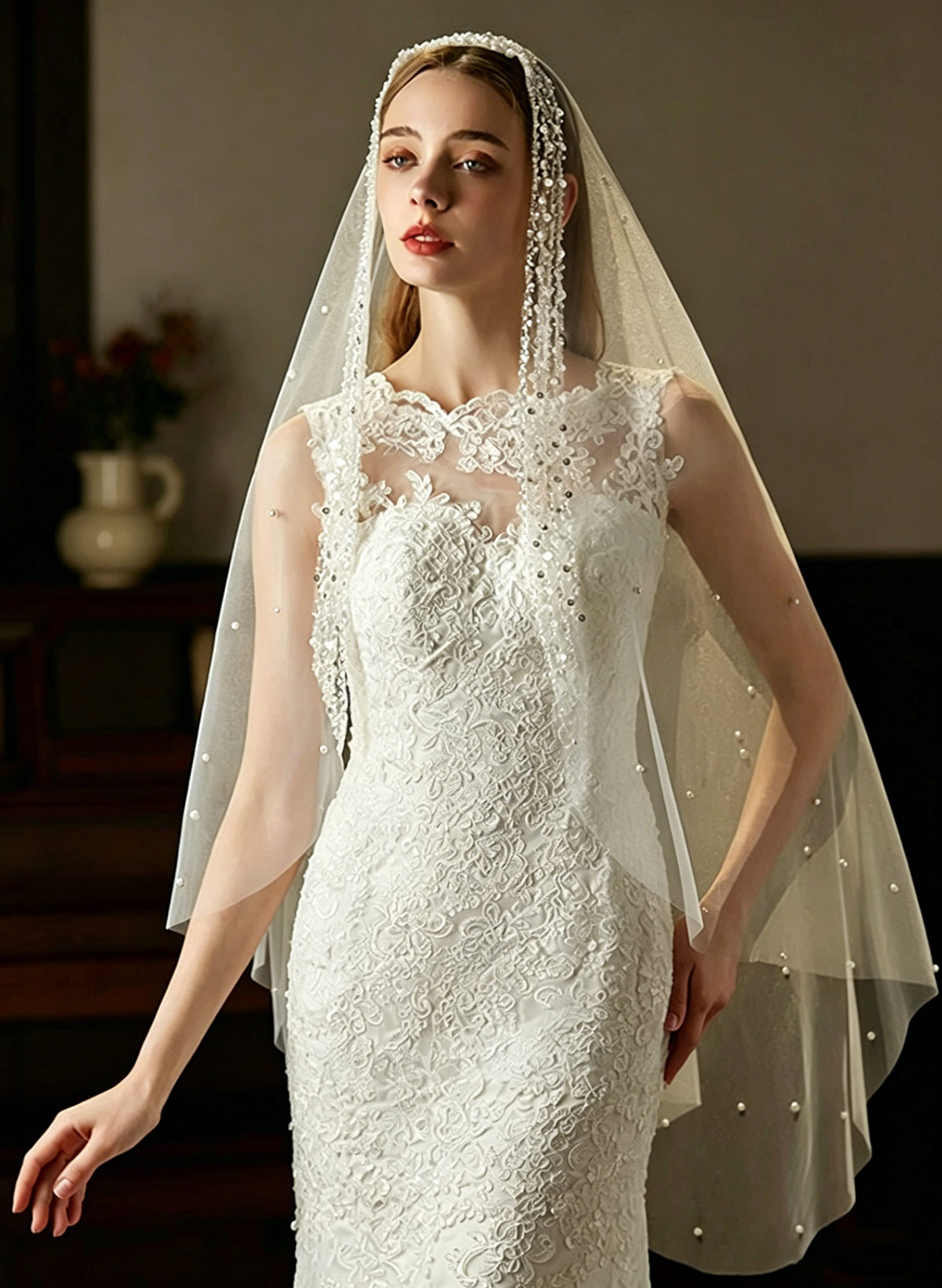 Beaded Edge Pearl One-Tier Tulle Waltz Bridal Veils