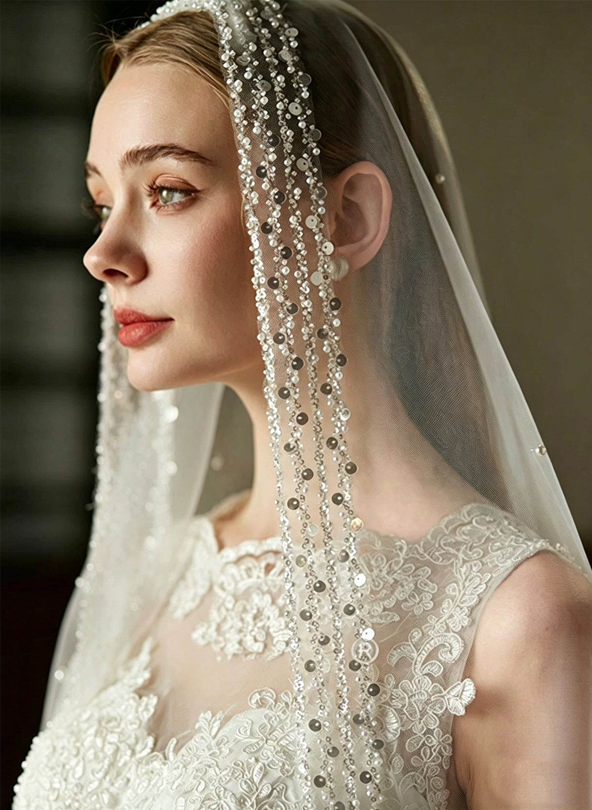 Beaded Edge Pearl One-Tier Tulle Waltz Bridal Veils