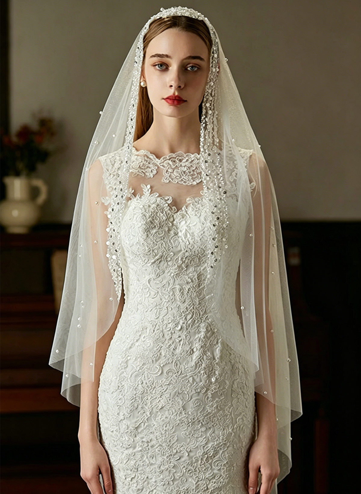 Beaded Edge Pearl One-Tier Tulle Waltz Bridal Veils