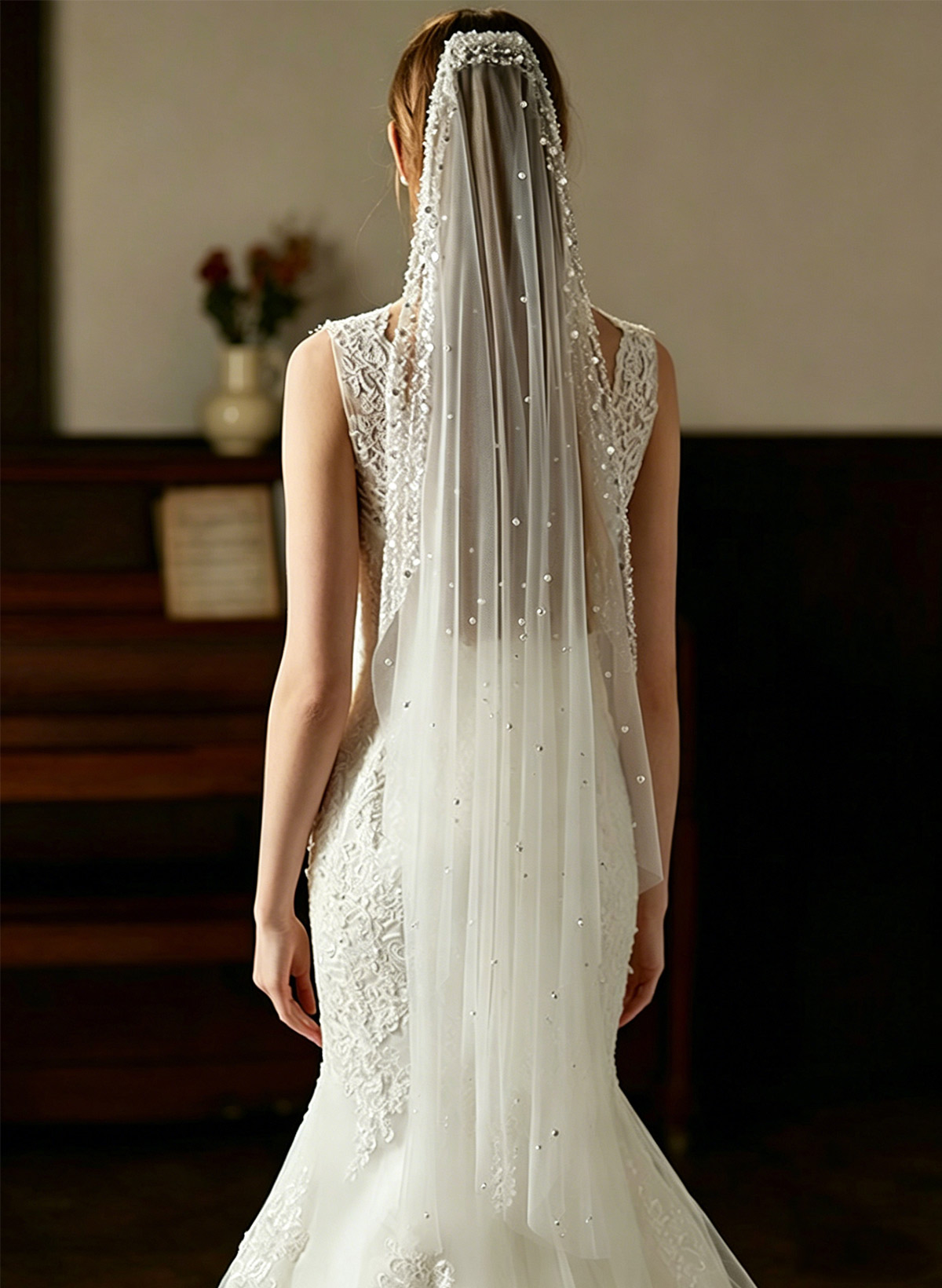 Beaded Edge Pearl One-Tier Tulle Waltz Bridal Veils
