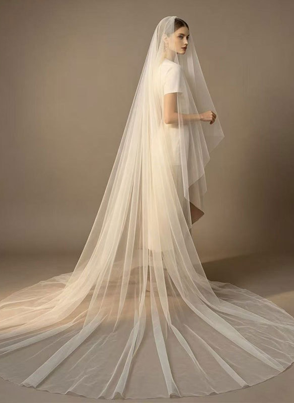 Cut Edge Simple One-Tier Tulle Cathedral Bridal Veils