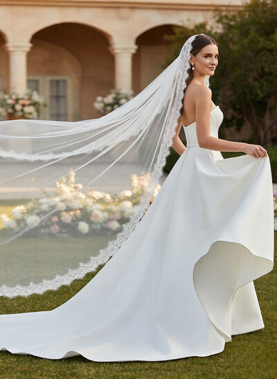 Lace Applique Edge One-Tier Tulle Cathedral Bridal Veils