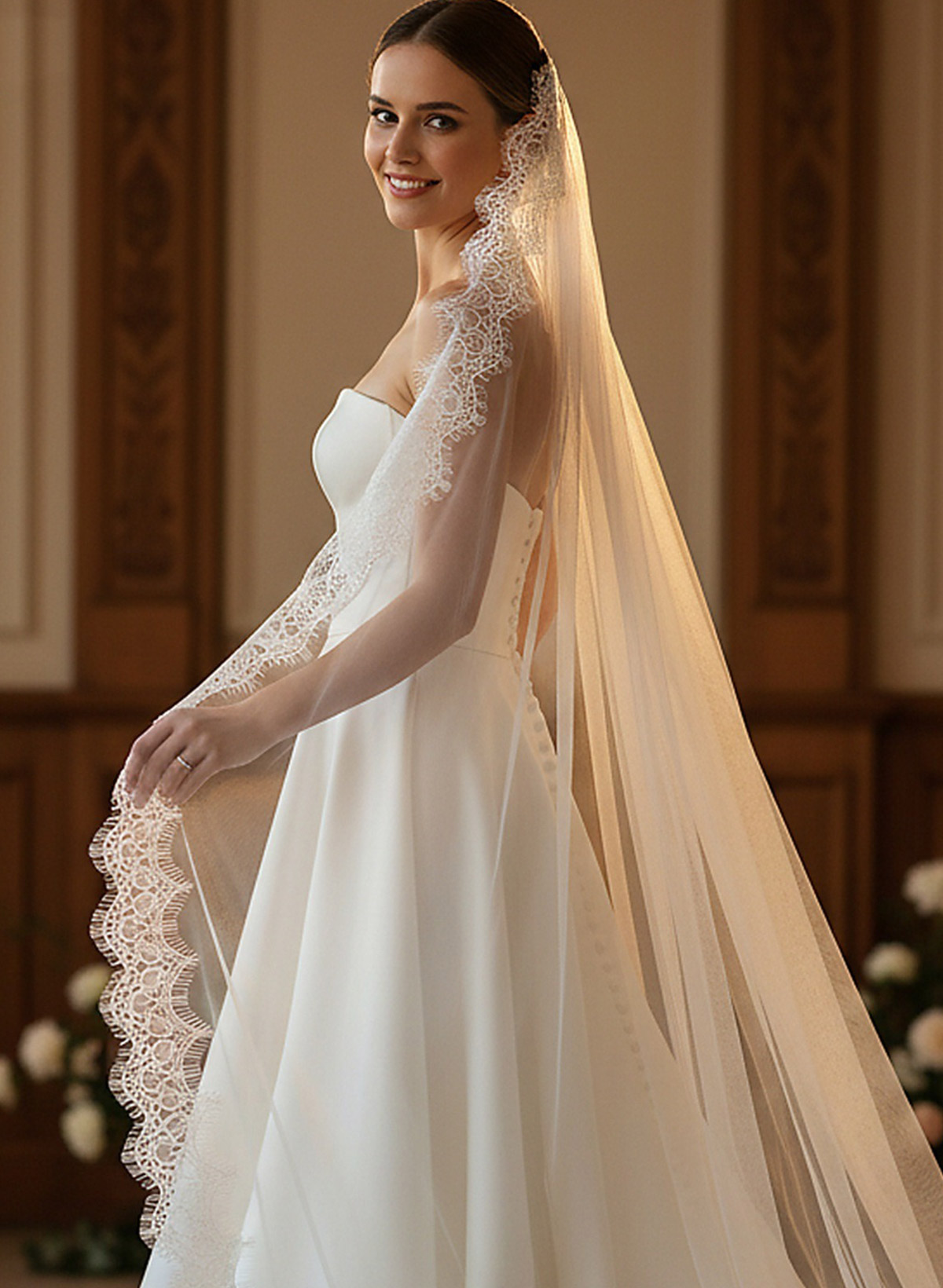Lace Applique Edge One-Tier Tulle Cathedral Bridal Veils