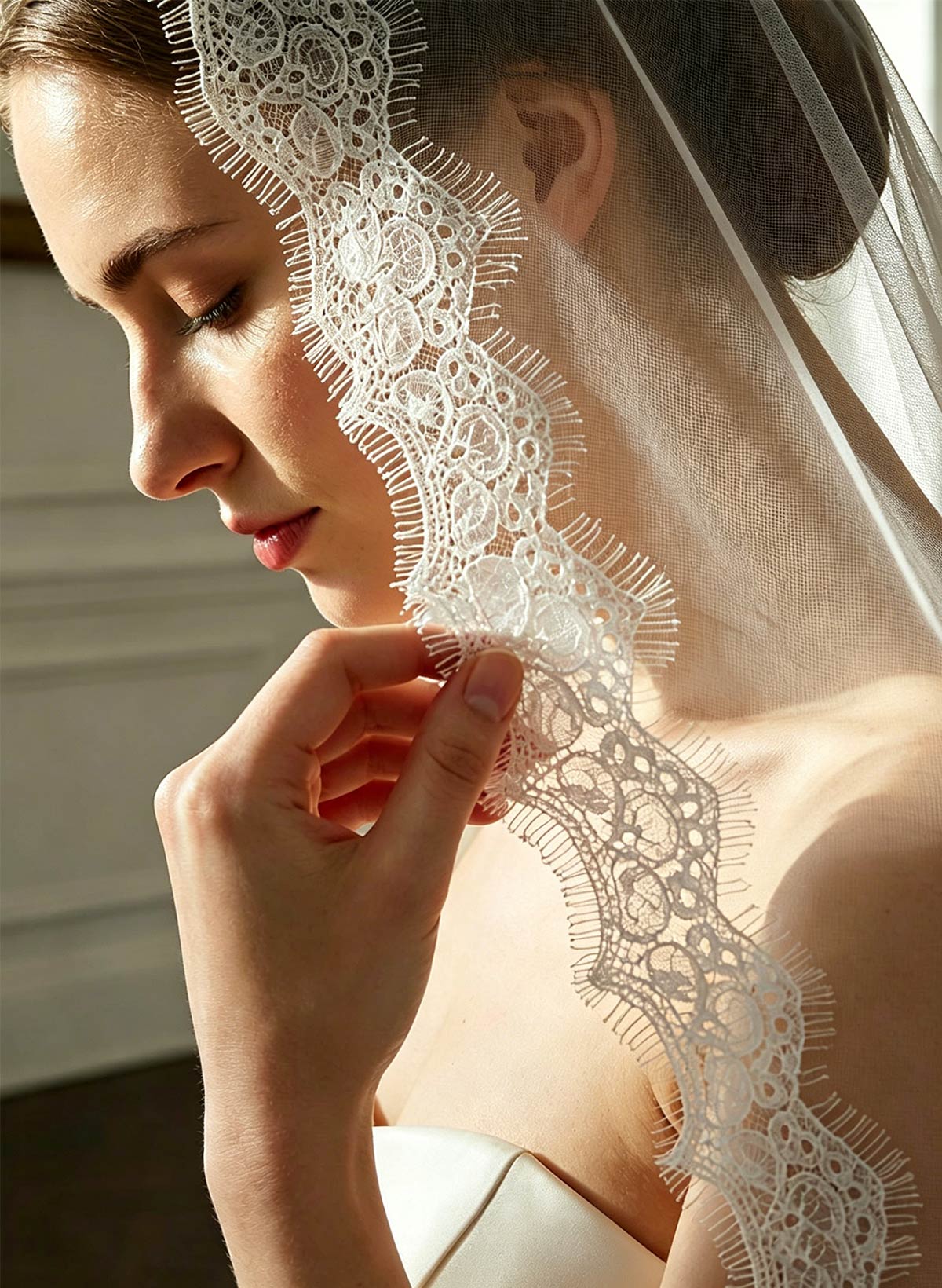 Lace Applique Edge One-Tier Tulle Cathedral Bridal Veils