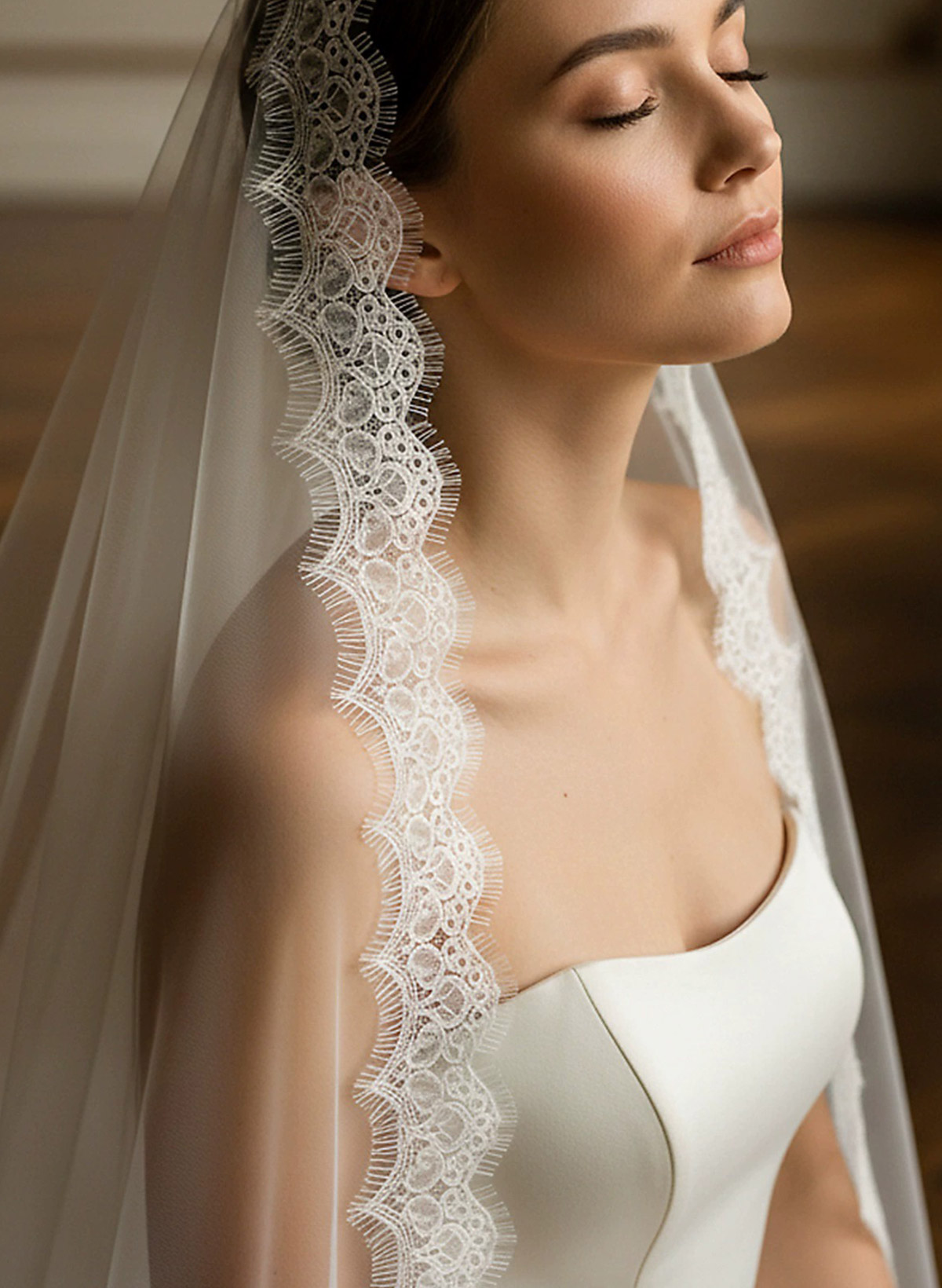 Lace Applique Edge One-Tier Tulle Cathedral Bridal Veils
