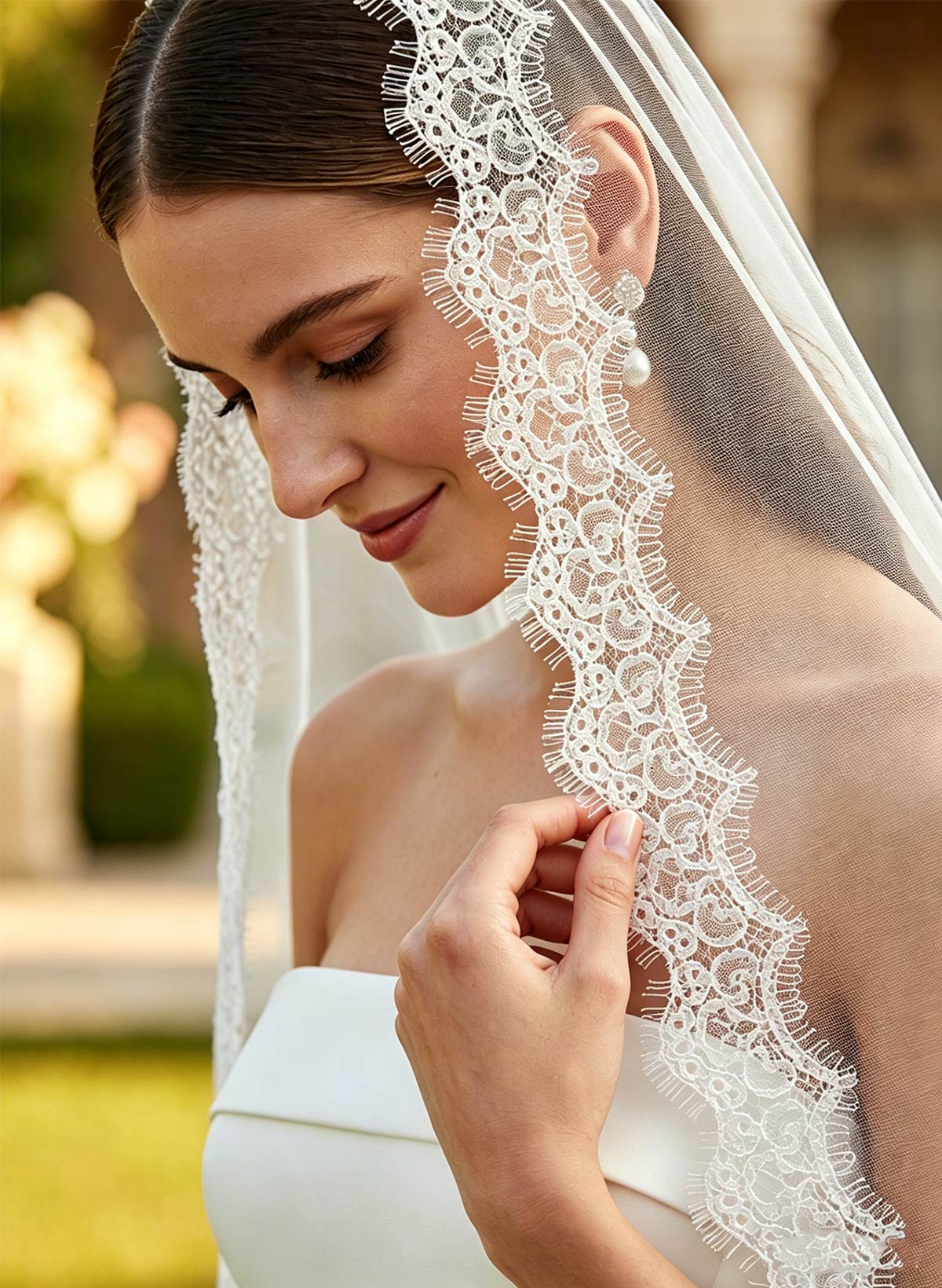 Lace Applique Edge One-Tier Tulle Cathedral Bridal Veils
