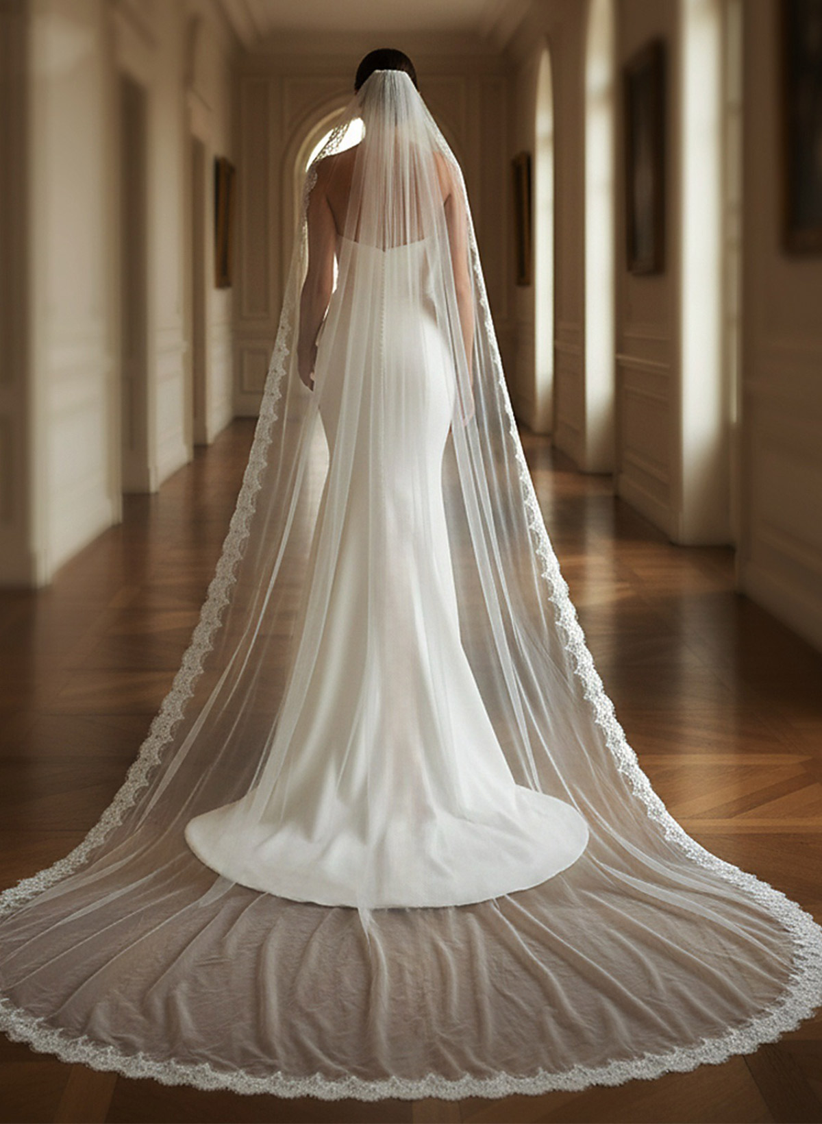 Lace Applique Edge One-Tier Tulle Cathedral Bridal Veils