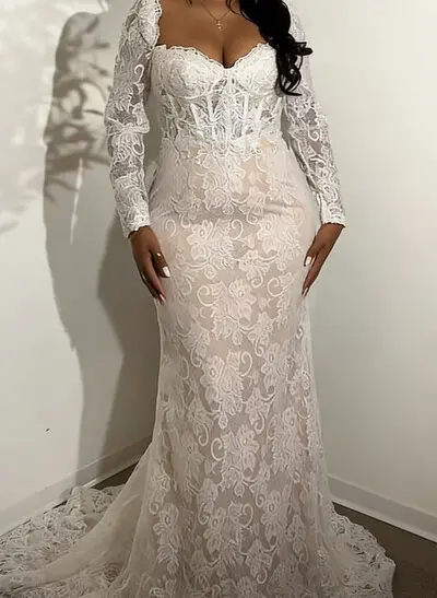 Trumpet/Mermaid Sweetheart Long Sleeves Court Train Lace/Tulle Bride Wedding Dress With Flower