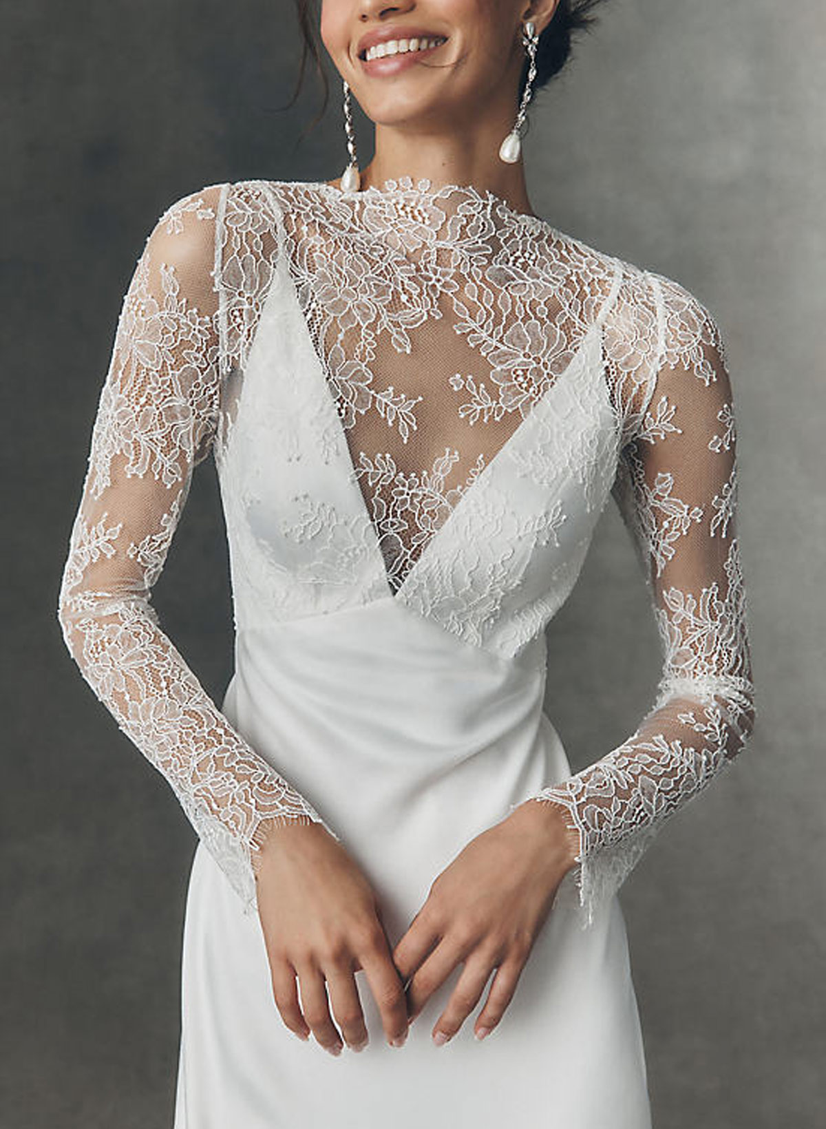 A-Line V-Neck Long Sleeves Sweep Train Lace/Crepe Satin Bride Wedding Dress With Flower(s)