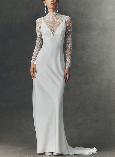 A-Line V-Neck Long Sleeves Sweep Train Lace/Crepe Satin Bride Wedding Dress With Flower(s)
