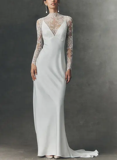 A-Line V-Neck Long Sleeves Sweep Train Lace/Crepe Satin Bride Wedding Dress With Flower(s)