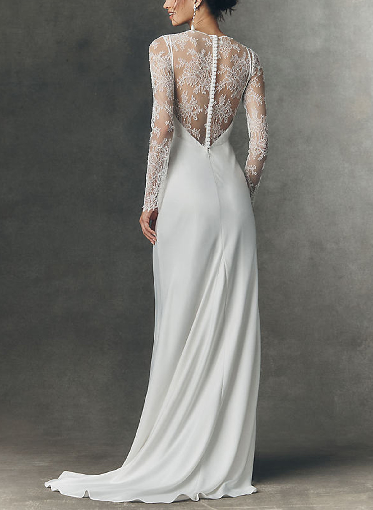 A-Line V-Neck Long Sleeves Sweep Train Lace/Crepe Satin Bride Wedding Dress With Flower(s)