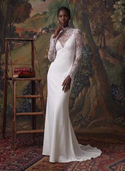 A-Line V-Neck Long Sleeves Sweep Train Lace/Crepe Satin Wedding Dress With Flower(s)
