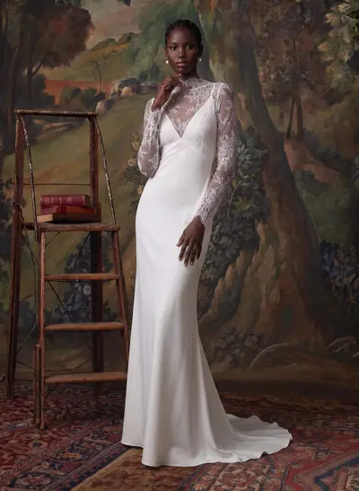 A-Line V-Neck Long Sleeves Sweep Train Lace/Crepe Satin Wedding Dress With Flower(s)