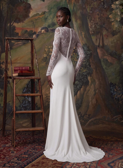 A-Line V-Neck Long Sleeves Sweep Train Lace/Crepe Satin Wedding Dress With Flower(s)