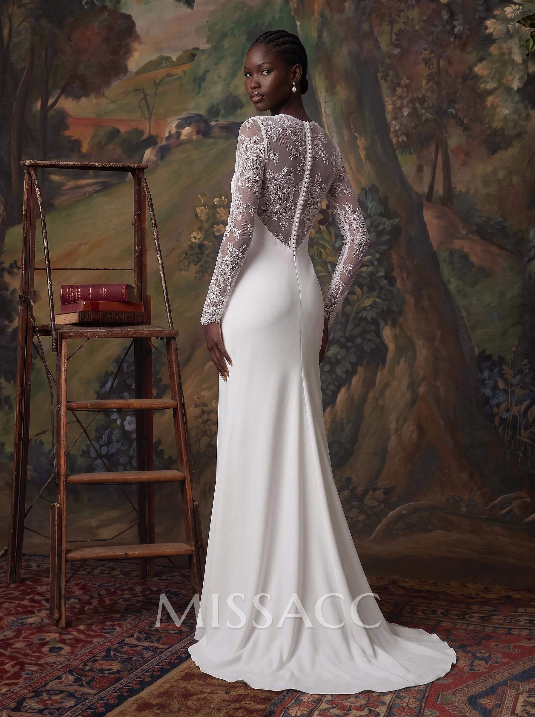 A-Line V-Neck Long Sleeves Sweep Train Lace/Crepe Satin Wedding Dress With Flower(s)