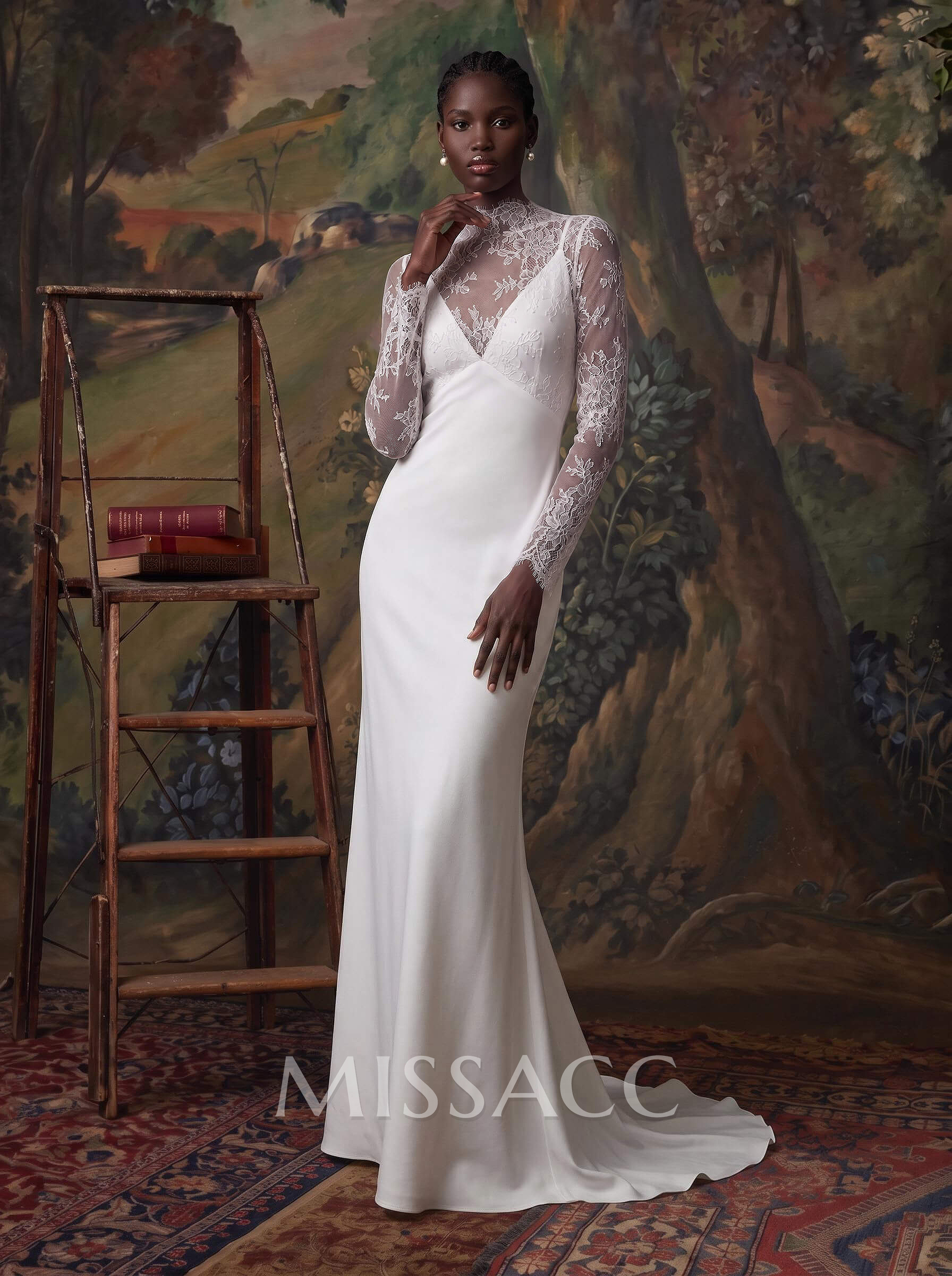 A-Line V-Neck Long Sleeves Sweep Train Lace/Crepe Satin Wedding Dress With Flower(s)