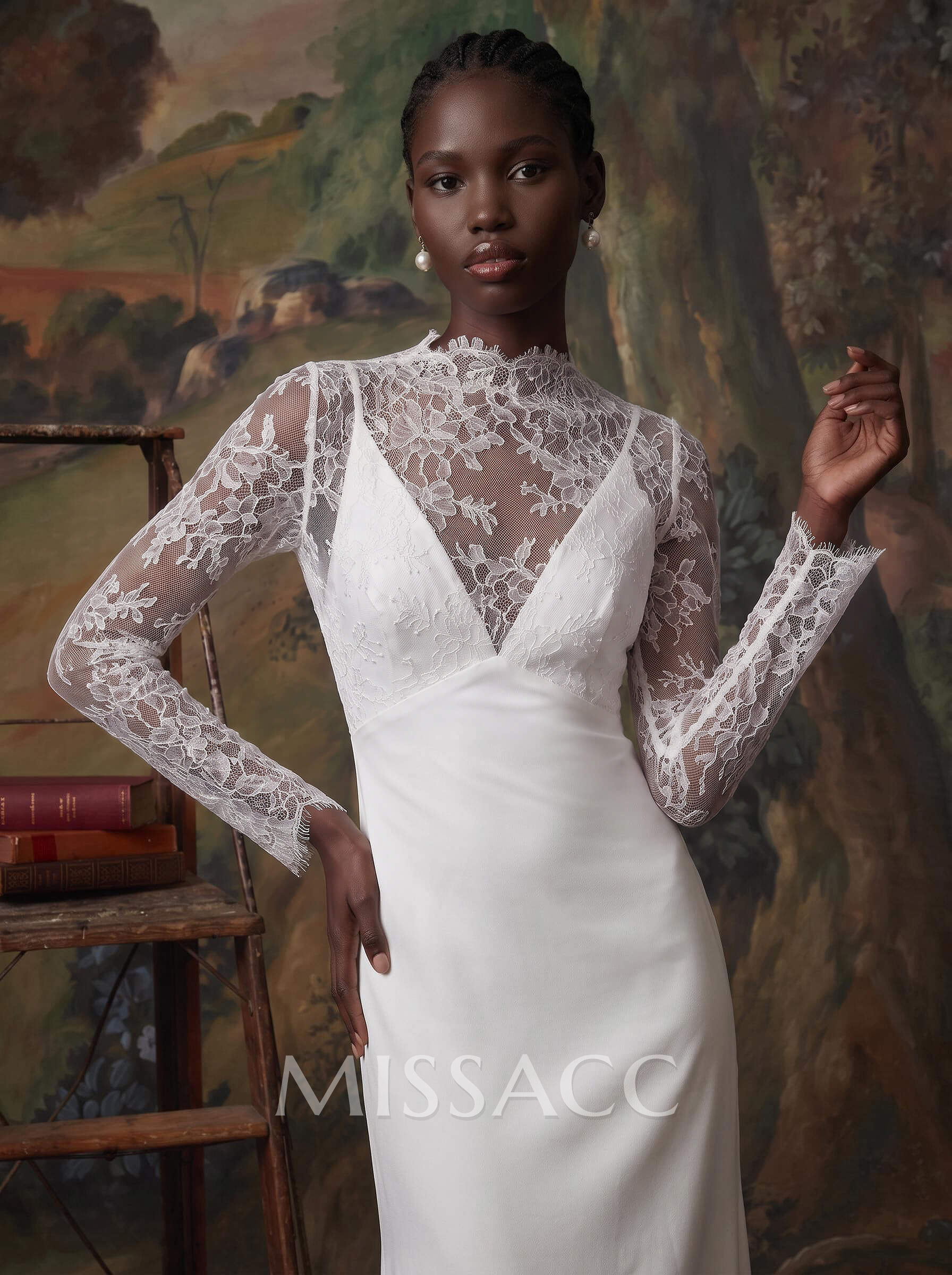 A-Line V-Neck Long Sleeves Sweep Train Lace/Crepe Satin Wedding Dress With Flower(s)
