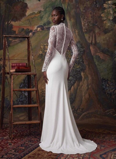 A-Line V-Neck Long Sleeves Sweep Train Lace/Crepe Satin Wedding Dress With Flower(s)