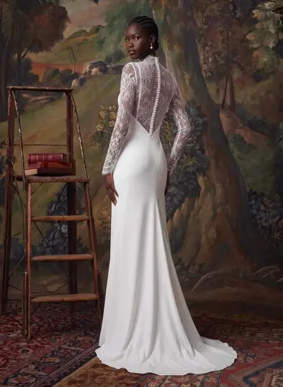 A-Line V-Neck Long Sleeves Sweep Train Lace/Crepe Satin Wedding Dress With Flower(s)