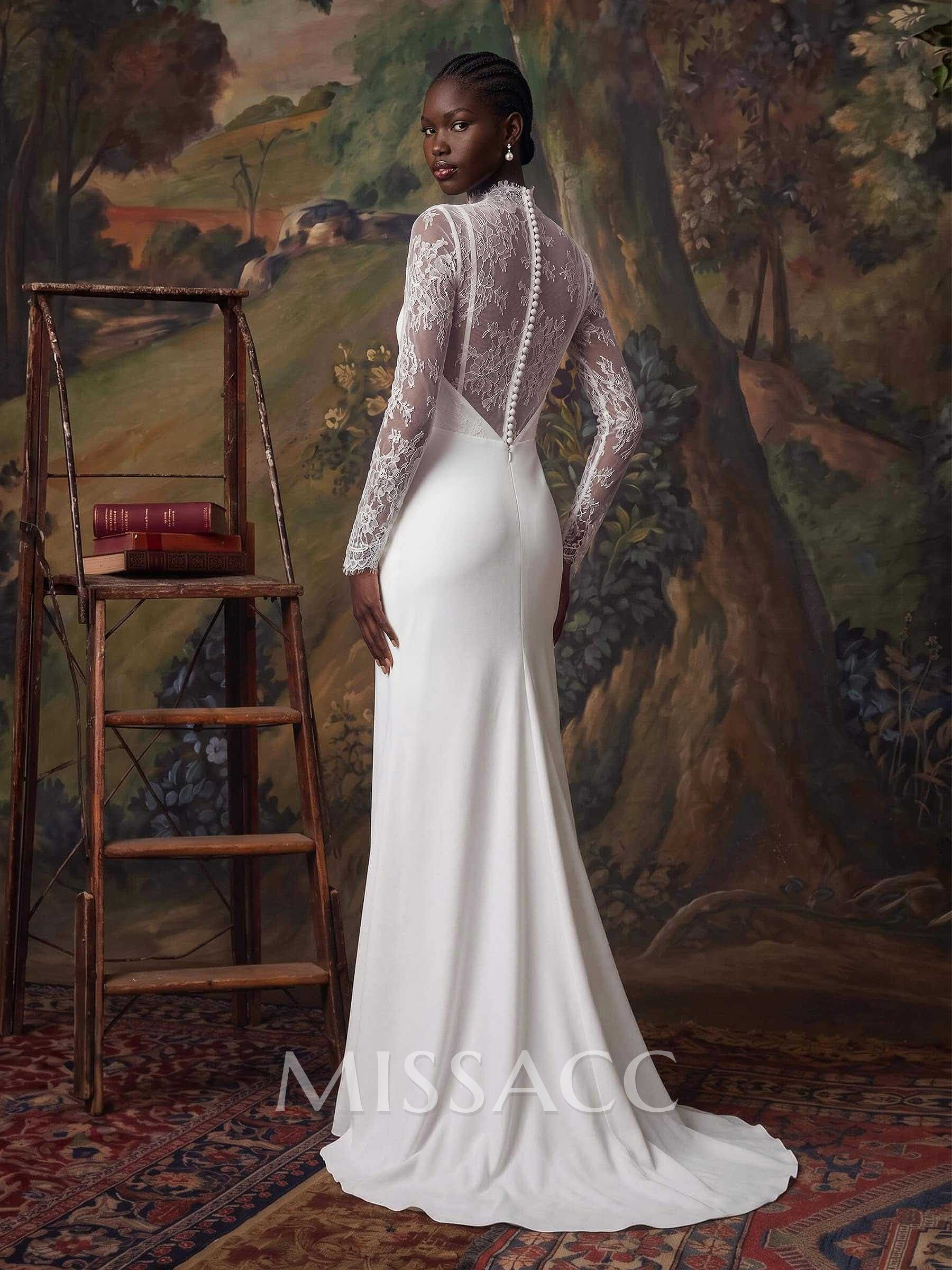 A-Line V-Neck Long Sleeve Sweep Train Lace And Crepe Satin Wedding Dress With Floral Accents