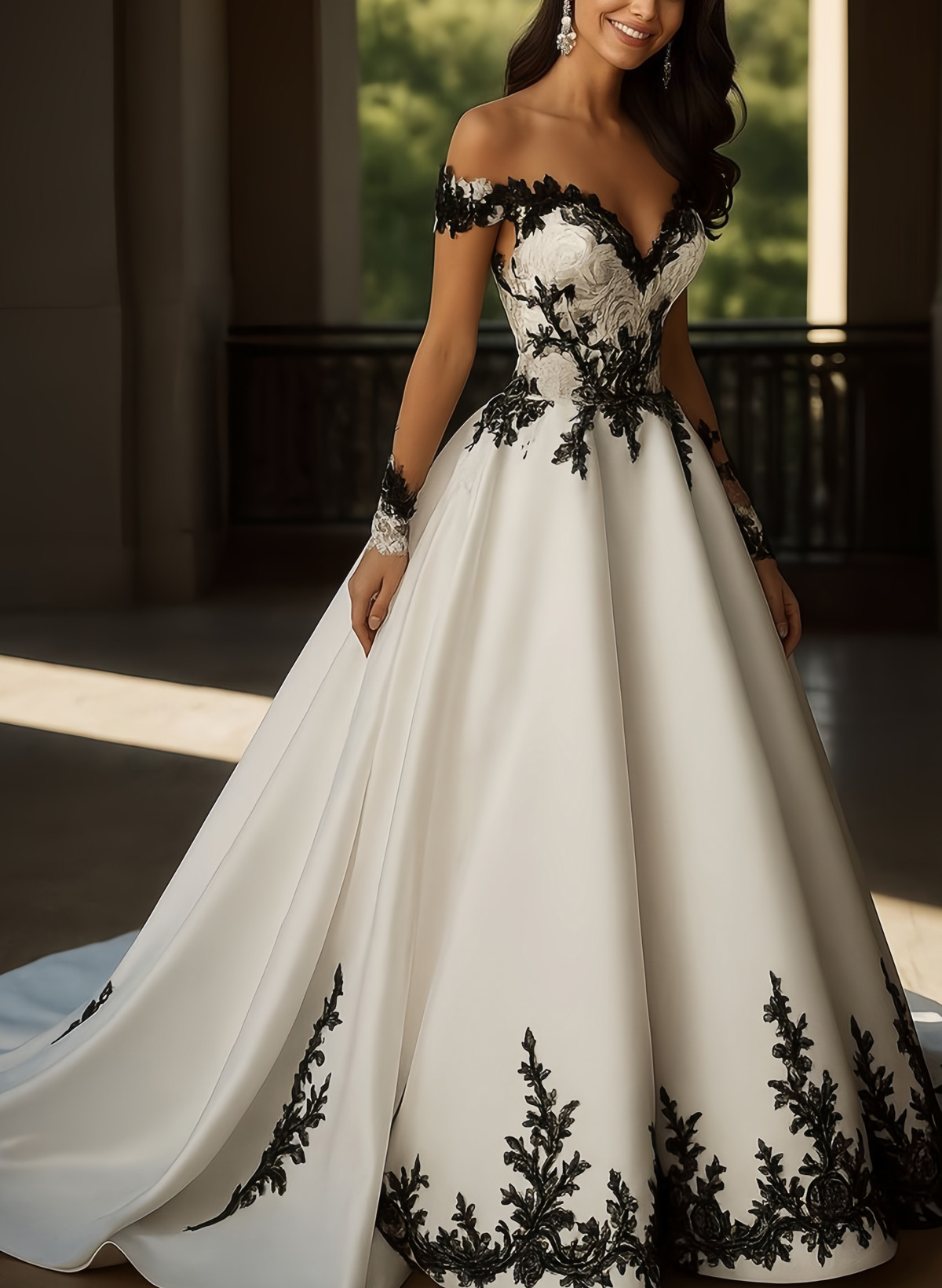 Ball-Gown Off-The-Shoulder Sleeveless Court Train Satin Bride Wedding Dress With Appliques Lace