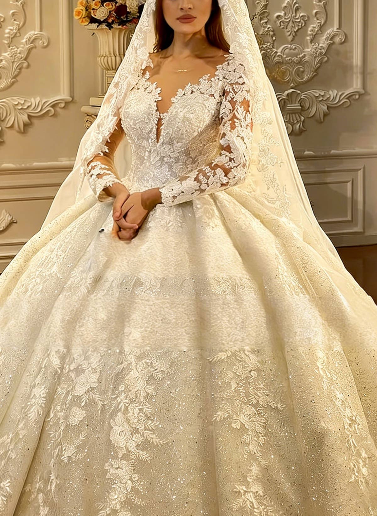 Ball-Gown V-Neck Long Sleeves Chapel Train Bride Wedding Dress With Appliques Lace