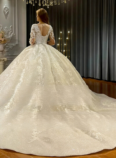 Ball-Gown V-Neck Long Sleeves Chapel Train Bride Wedding Dress With Appliques Lace