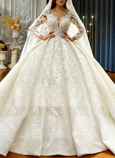 Ball-Gown V-Neck Long Sleeves Chapel Train Bride Wedding Dress With Appliques Lace
