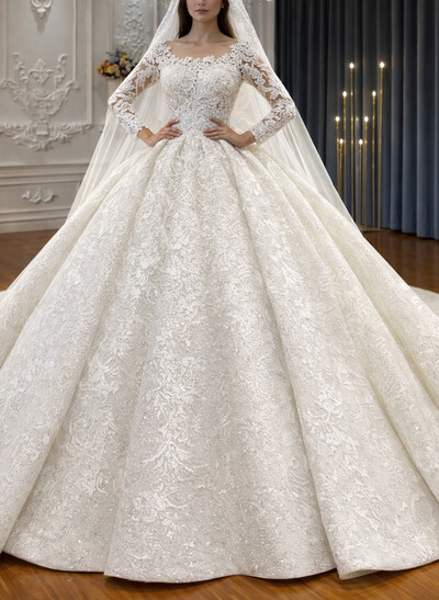 Ball-Gown V-Neck Long Sleeves Chapel Train Bride Wedding Dress With Appliques Lace