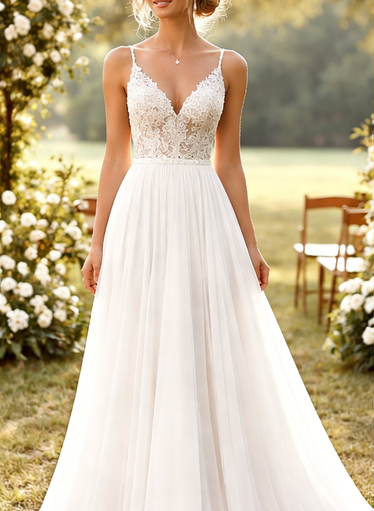 A-Line V-Neck Sleeveless Sweep Train Chiffon/Lace Bride Wedding Dress With Beading