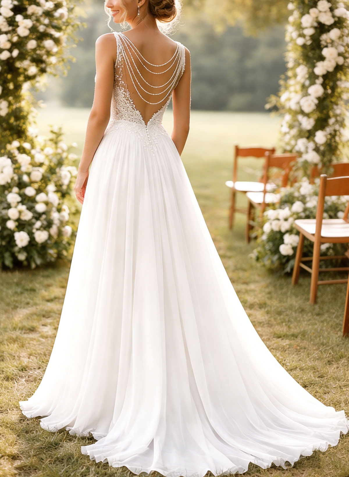 A-Line V-Neck Sleeveless Sweep Train Chiffon/Lace Bride Wedding Dress With Beading