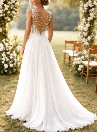 A-Line V-Neck Sleeveless Sweep Train Chiffon/Lace Bride Wedding Dress With Beading