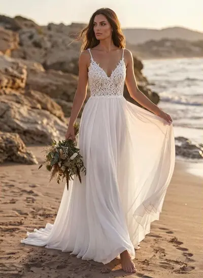 A-Line V-Neck Sleeveless Sweep Train Chiffon/Lace Wedding Dress With Beading