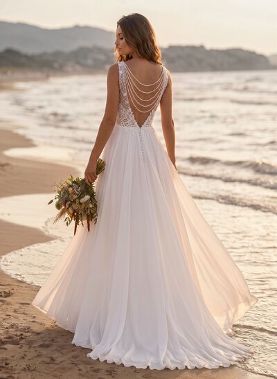 A-Line V-Neck Sleeveless Sweep Train Chiffon/Lace Bride Wedding Dress With Beading