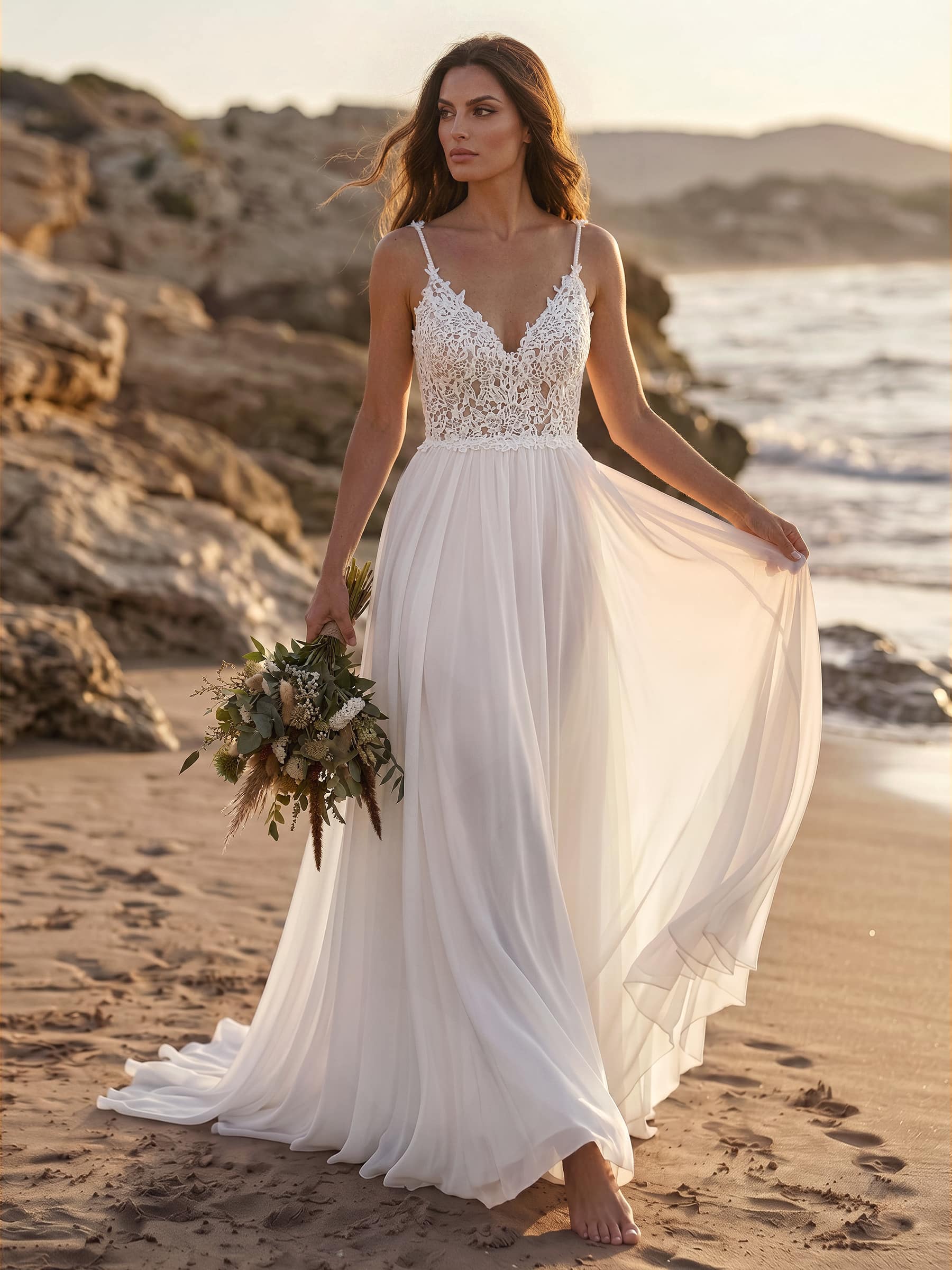 A-Line V-Neck Sleeveless Sweep Train Chiffon/Lace Bride Wedding Dress With Beading