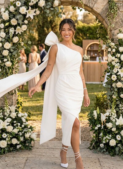 Sheath/Column One-Shoulder Sleeveless Ankle-Length Elastic Satin Bride Wedding Dress With Bow(s)/Pleated/Sweeping Side Drape