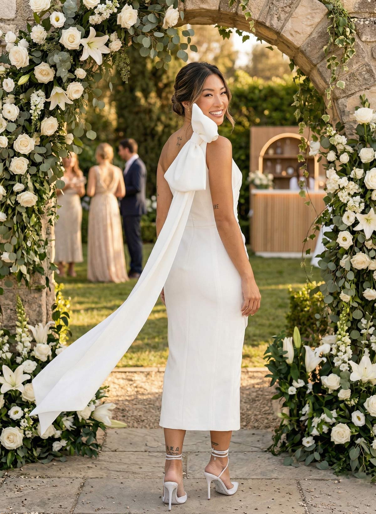 Sheath/Column One-Shoulder Sleeveless Ankle-Length Elastic Satin Bride Wedding Dress With Bow(s)/Pleated/Sweeping Side Drape