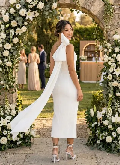 Sheath/Column One-Shoulder Sleeveless Ankle-Length Elastic Satin Wedding Dress With Bow(s)/Pleated/Sweeping Side Drape