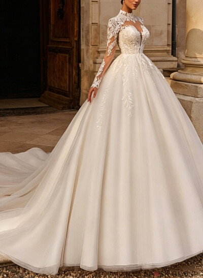 Ball-Gown High Neck Long Sleeves Chapel Train Satin/Tulle/Organza BRIDE With Appliques Lace